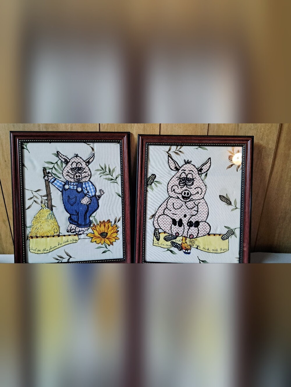 OOAK Vintage Hand Stitched Pig Fabric Art Framed Farm Folk Art Nursery Decor